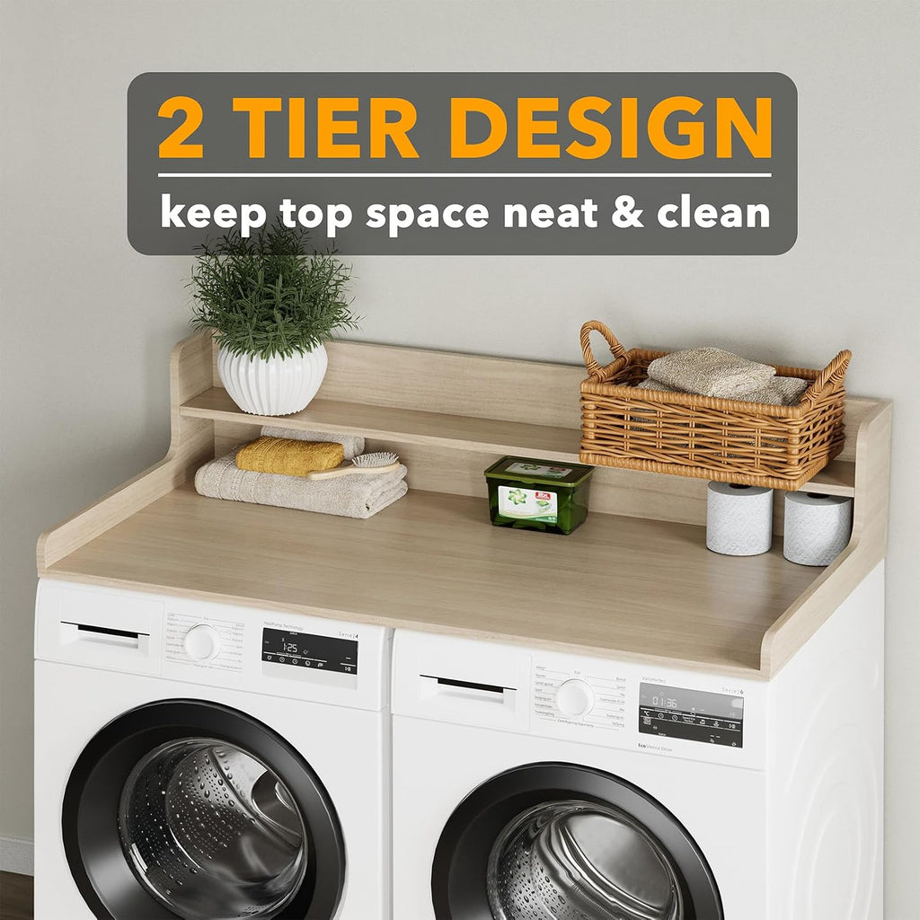 SpaceAid Washer Dryer Countertop with 2-Tier Shelf, Wood Topper with Edge, 54' Width x 27.5' Depth Cover Organizer Guard for Washer and Dryer Counter Laundry Hamper Storage (Oak)
