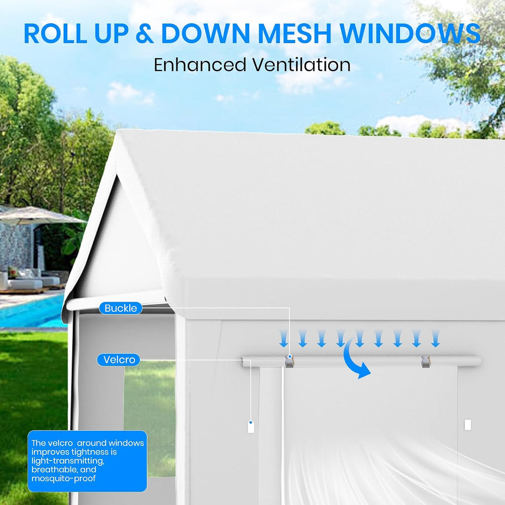 Bezseller 10x20 FT Heavy Duty Carport Canopy with Roll-Up Windows & Doors, Car Tent Portable Garage with All-Season Tarp for Cars, Boat, Trucks, White