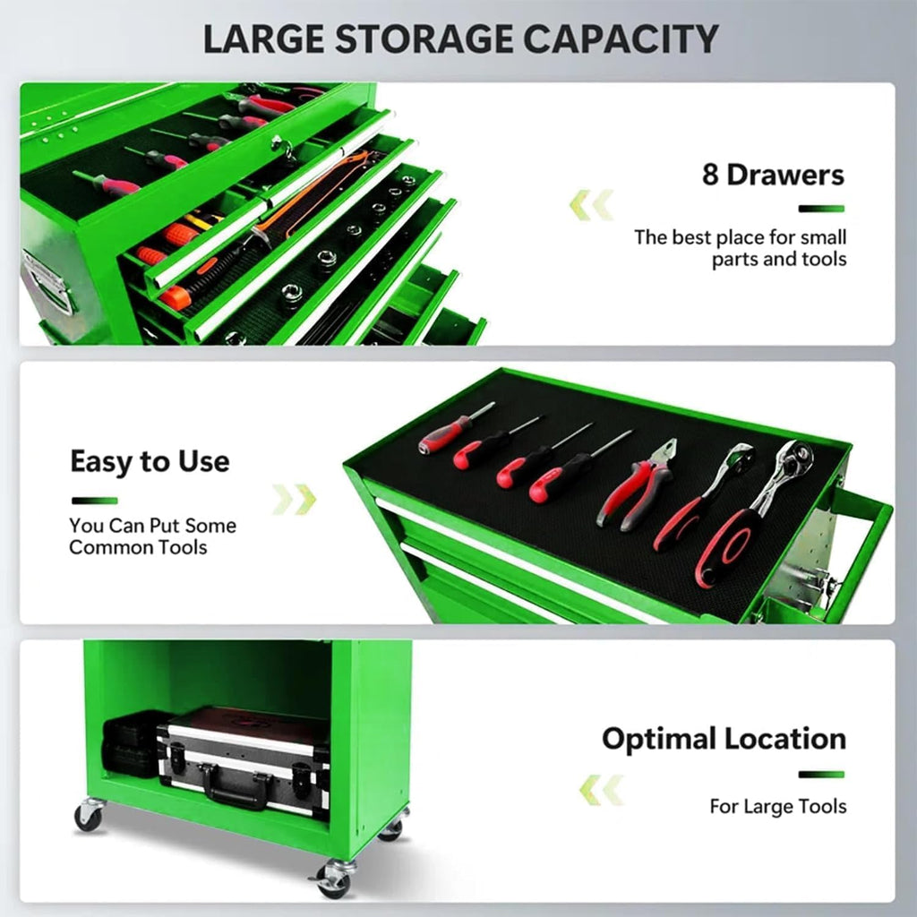 8 Drawers Rolling Tool Chest, 2-in-1 Detachable Metal Tool Storage Cabinet with Wheels, Lockable Tool Cart with Hooks for Garage, Workshop or Salon Use, Green