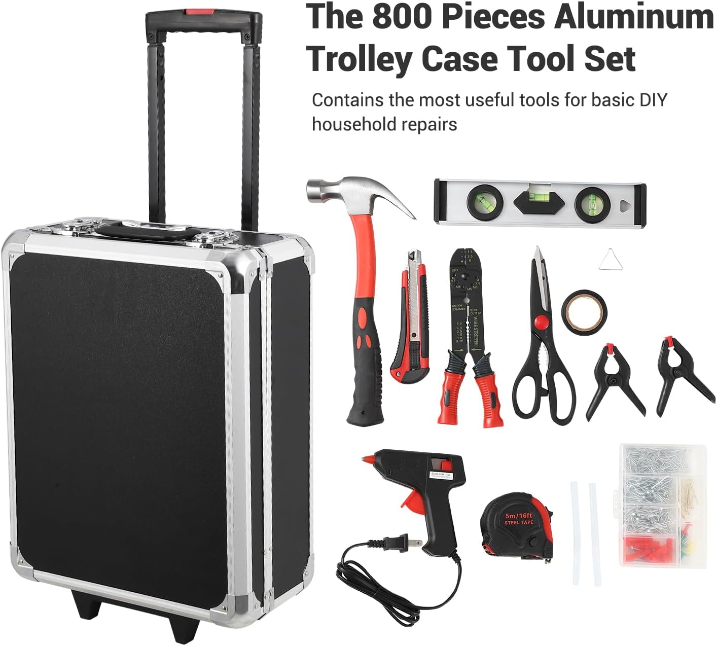 GraveeTech 800pcs Aluminum Trolley Case Tool Set Home Repair Tool Set, General Household Tool Kit w Rolling Tool Box, Toolbox Storage Case w 4 Drawers for Maintenance, Perfect for Homeowner, Handyman
