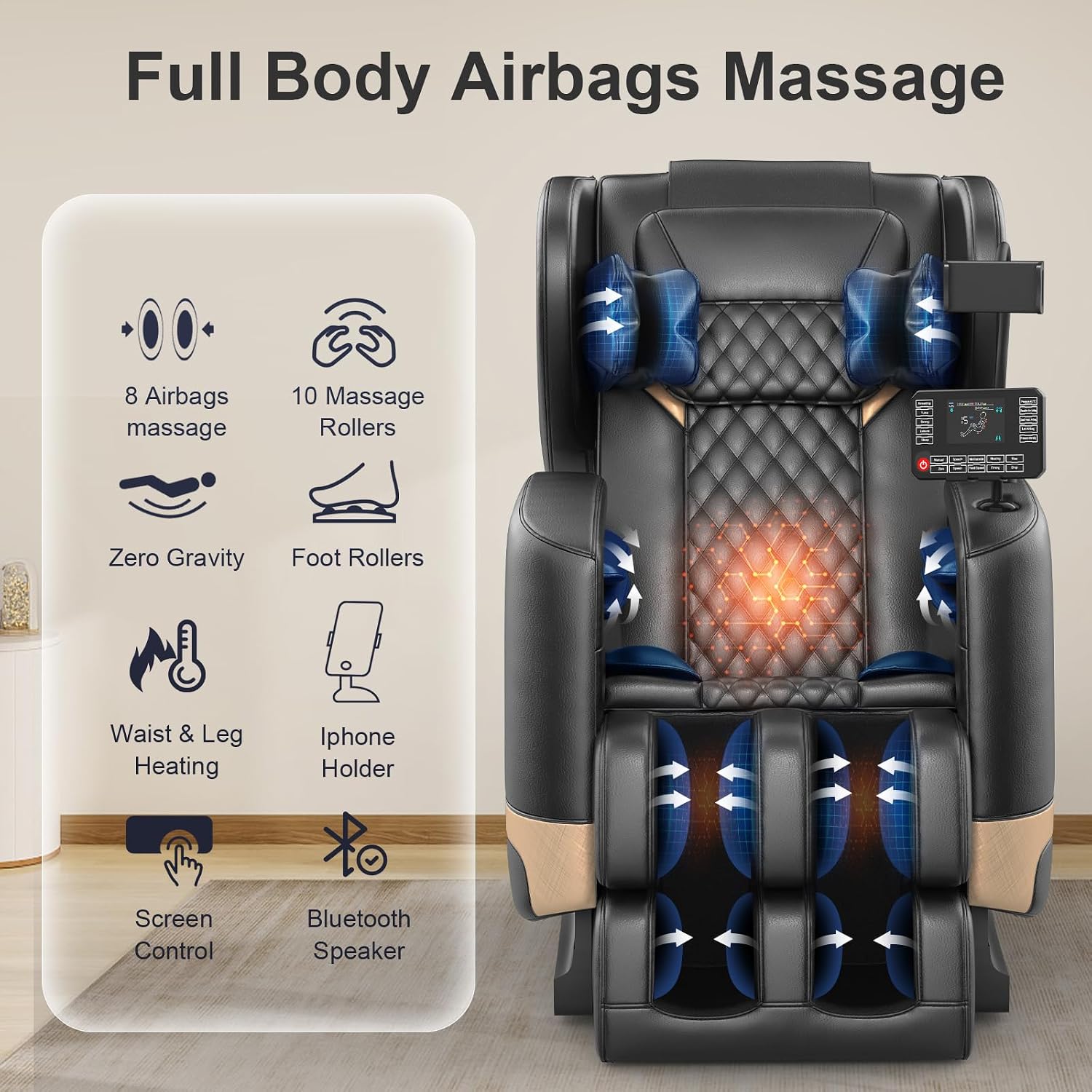 FURNIMAT 2026 Massage Chair Full Body, Zero Gravity Massage Chair with 10 Fix Rollers, Airbags, Heating, Foot Massage, Auto Modes, Bluetooth Speaker, Smart Screen Controller(Classic Black)