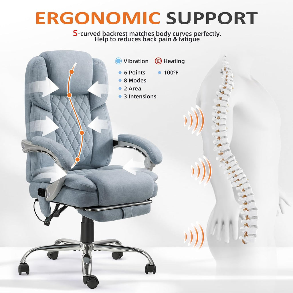 HOMREST 6-Point Massage Office Chair with Reclining Backrest, Heated Executive Office Chair, Velvet Ergonomic Computer Desk Chair with Footrest & Padded Armrest, Airy Blue