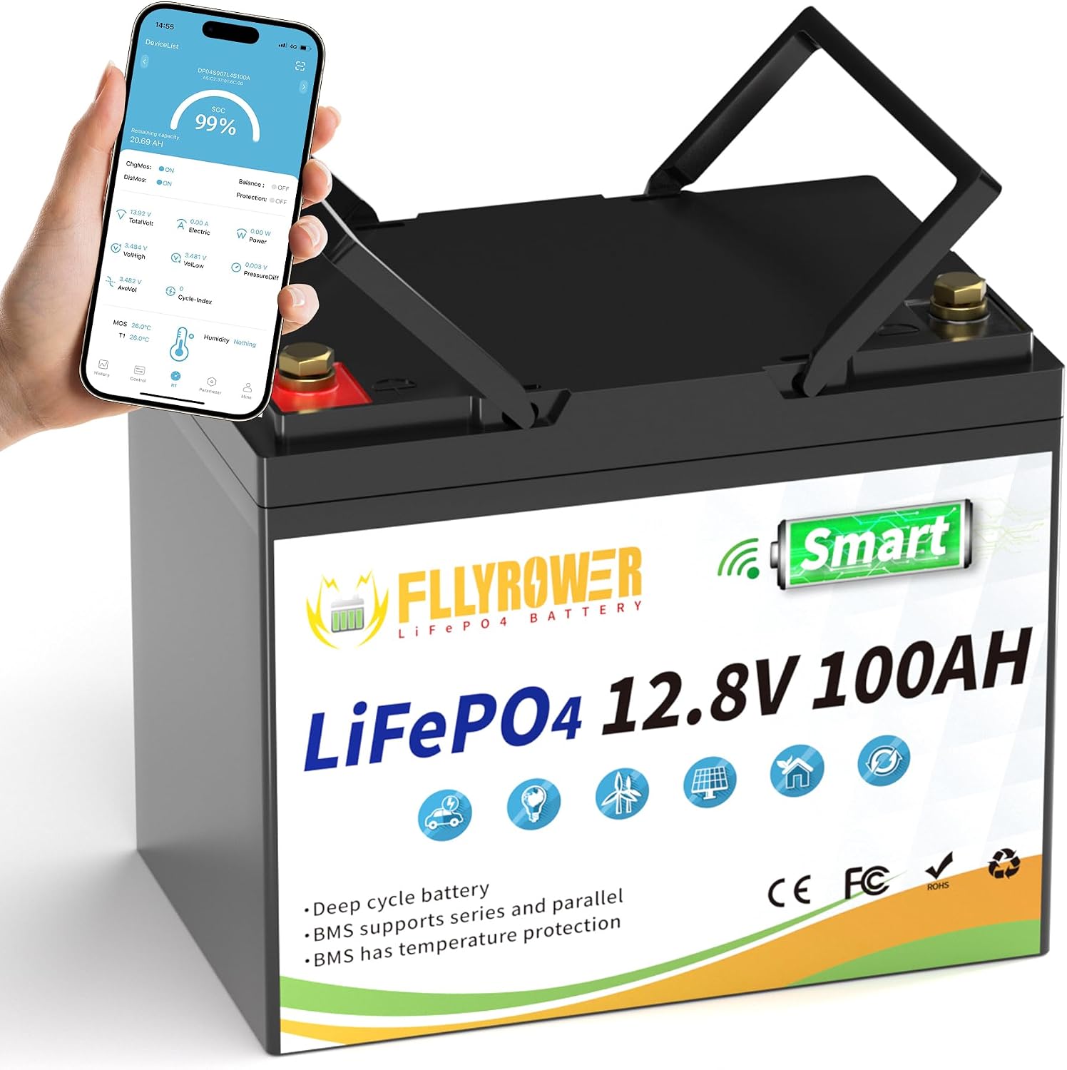 FLLYROWER Lithium Battery 12V 100AH With Smart BMS and 17000 Deep Cycles Lifepo4 Battery Grade A Cells for Marine Trolling Motor RV camping Solar Golf Cart Off-Grid