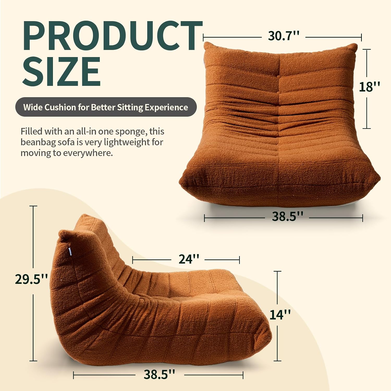 Bean Bag Chairs for Adults, Lazy Sofa Chair with Memory Foam Teddy Velvet Fabric, Large Beanbag Sofa Chair for Bedroom Living Room Dorm Office (Brown)