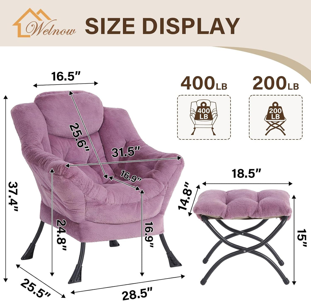 Welnow Lazy Chair with Ottoman, Modern Accent Chair with Armrests and a Side Pocket, Leisure Sofa Armchair Set, Reading Armchair with Footrest for Small Space, Plush Purple