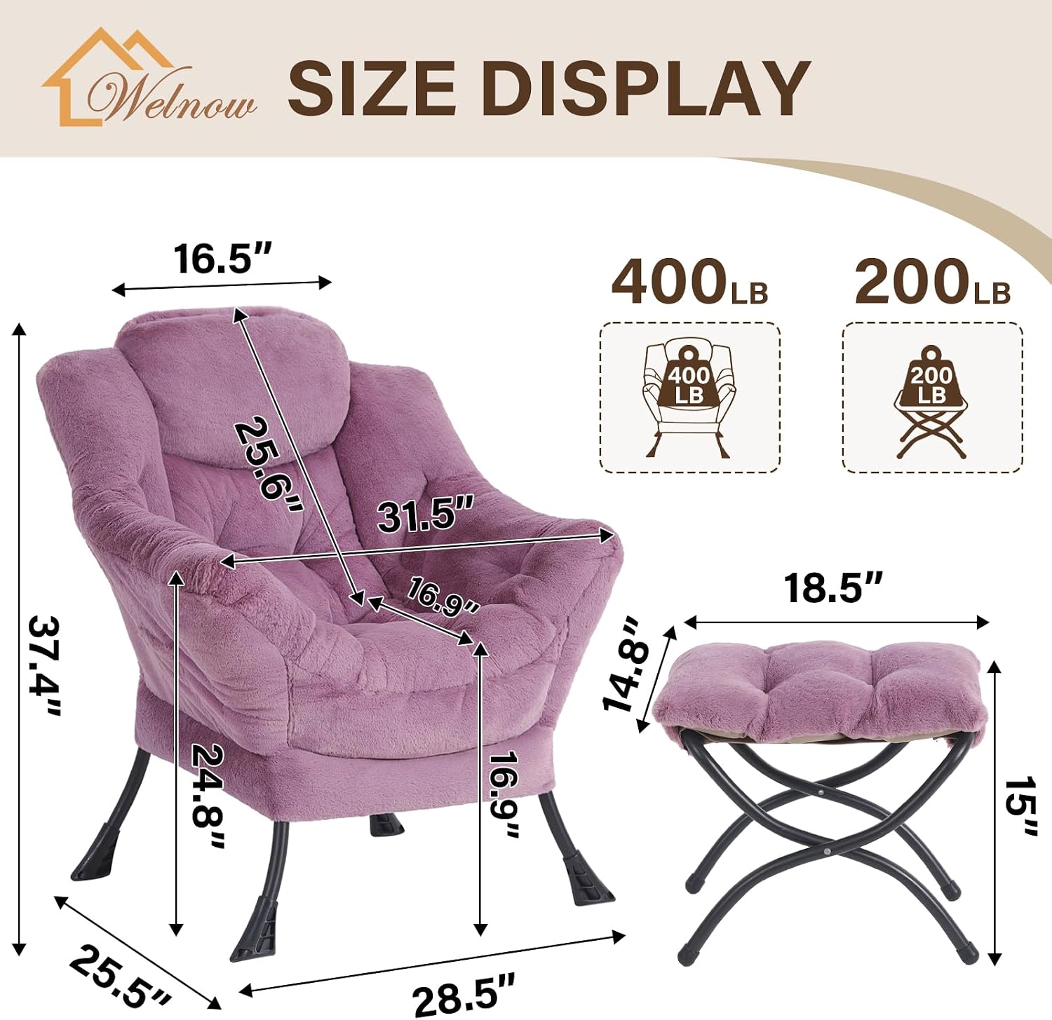 Welnow Lazy Chair with Ottoman, Modern Accent Chair with Armrests and a Side Pocket, Leisure Sofa Armchair Set, Reading Armchair with Footrest for Small Space, Plush Purple