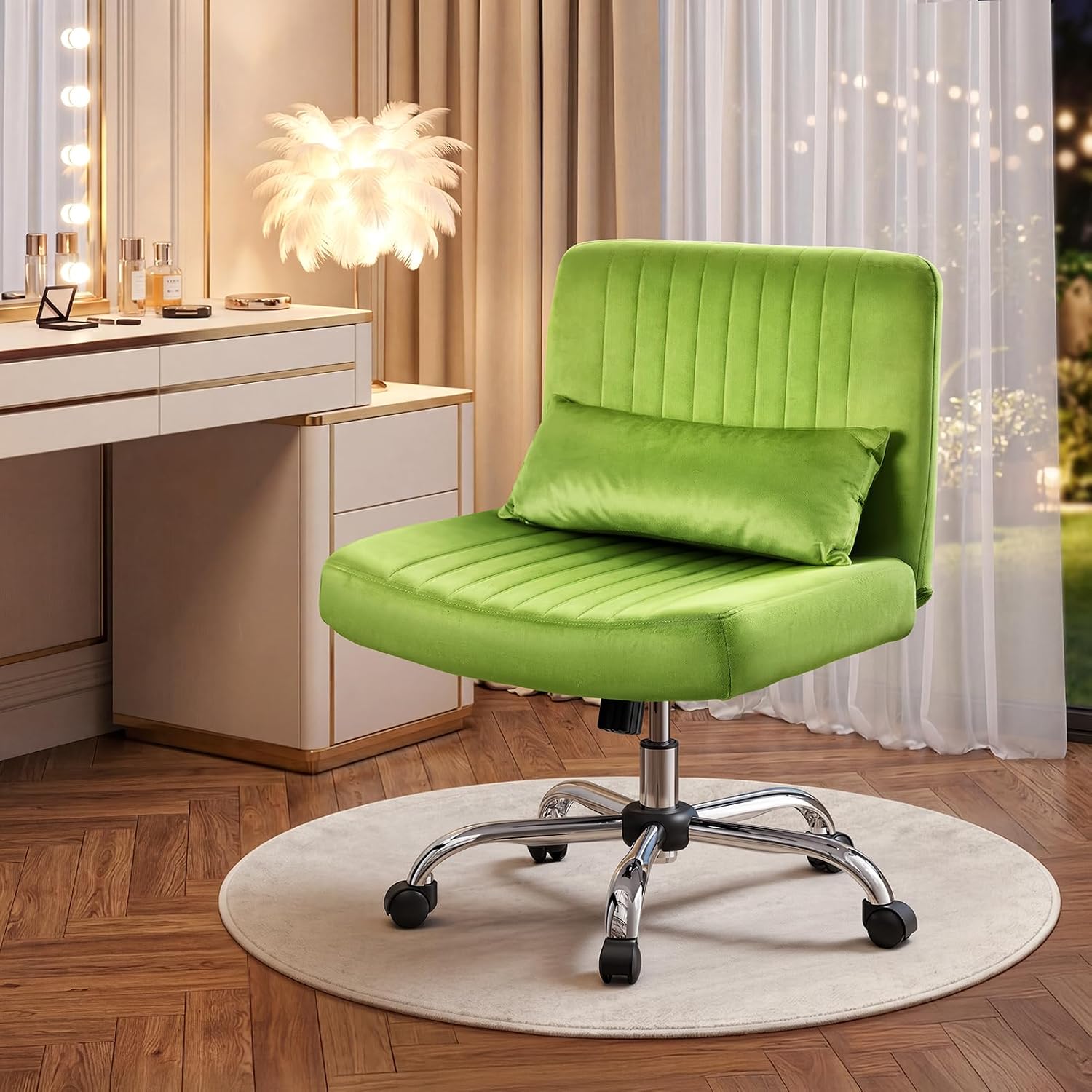 Warmiehomy Velvet Cross Legged Office Chair, Comfy Desk Chair for Home Office, Criss Cross Chair with Wheels, Height Adjustable Vanity Chair, Swivel Wide Seat Computer Chair Gift, Velvet Moss Green