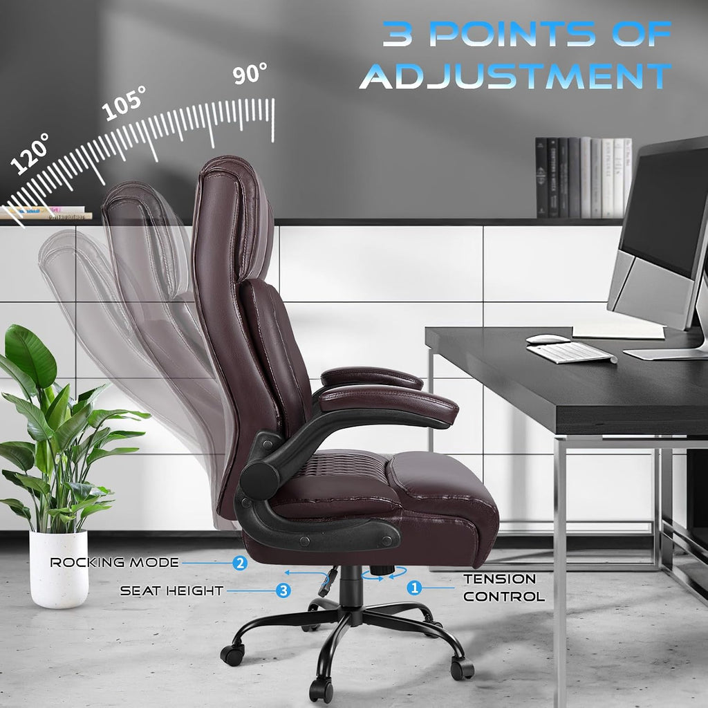 VITESSE Executive Office Chair,Heavy Duty Office Chair with Flip up Armrest,Ergonomic High Back Computer Gaming Chairs Home 400lbs, Big and Tall with Lumbar Support（Brown）