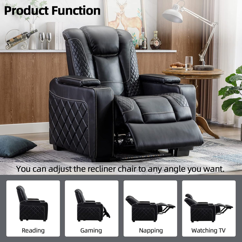 CANMOV Home Theater Seating Set of 2, Faux Leather Electric Power Recliner Chair with Ambient Lighting, Power Headrest, Lumbar Support, Cup Holders, Hidden Arm Storage, USB Ports, Black