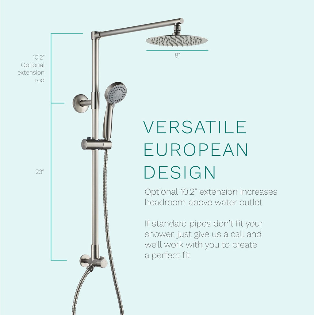 Fennocasa Polaris 3 Retrofit Rain Shower System, 3-Setting Handheld Shower Combo with Slide Bar, 8' Low Profile Shower Head (2.5 GPM Brushed Nickel)