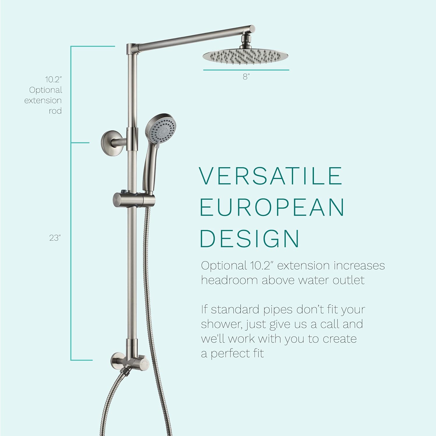 Fennocasa Polaris 3 Retrofit Rain Shower System, 3-Setting Handheld Shower Combo with Slide Bar, 8' Low Profile Shower Head (2.5 GPM Brushed Nickel)