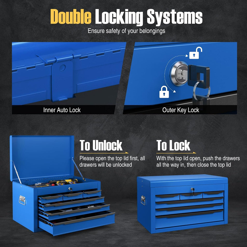 Tool Box, 6-Drawer Steel Tool Chest with Top Storage Automatic Lock & EVA Liner, Portable Tool Storage Organizer for Repair Shop Garage Warehouse (Blue)