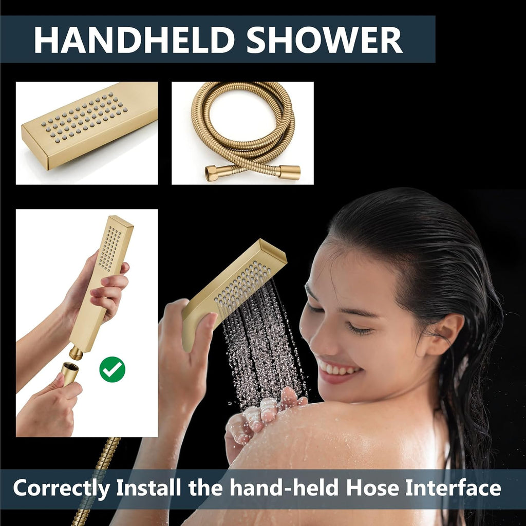 Aolemi Shower Faucet Set Rain Shower System with Handheld Spray Bathroom Shower Combo Rough-in Valve and Shower Trim Kit Included Brushed Gold 10 Inch Wall Mount Shower Head