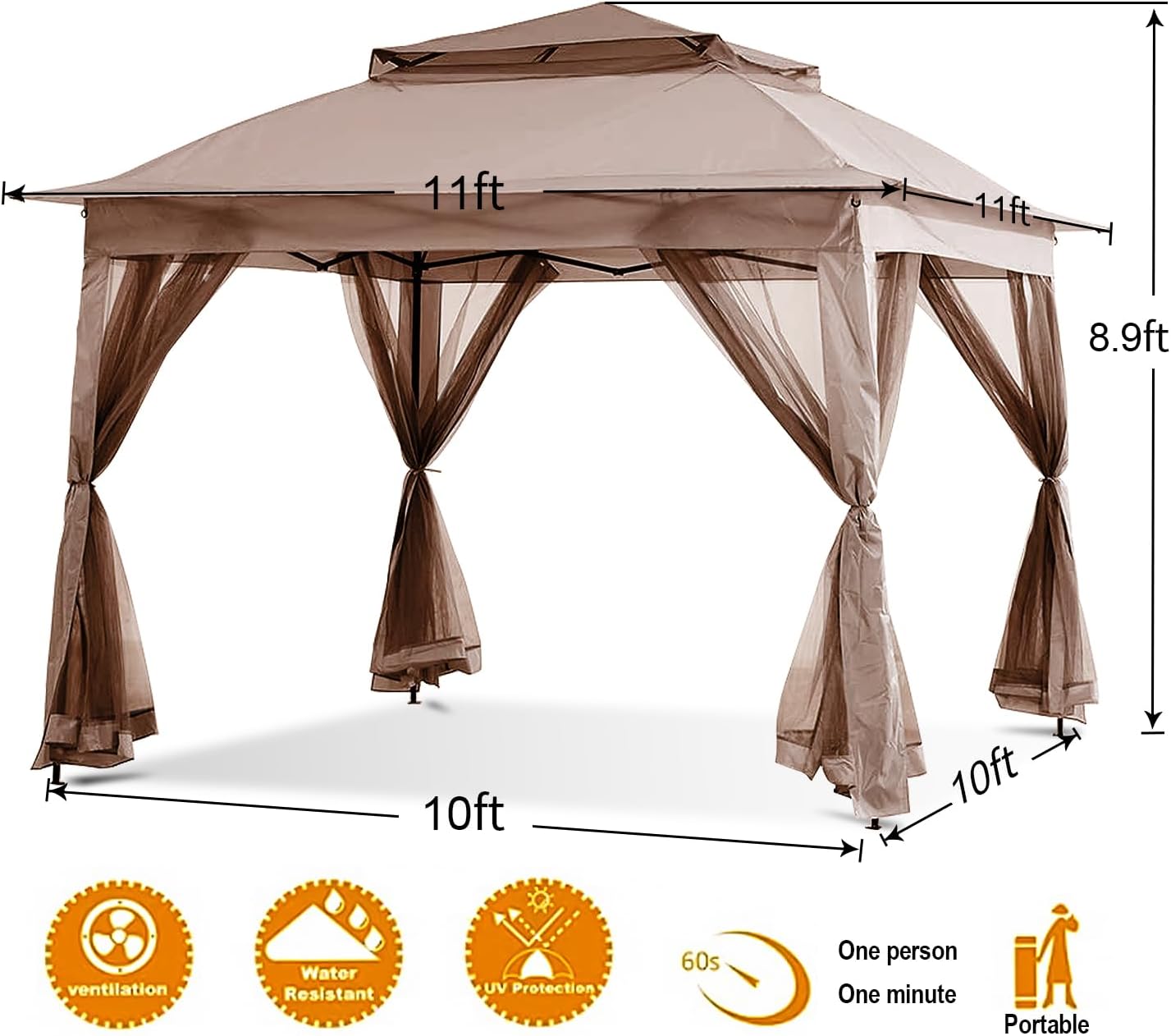 Patio Gazebo Outdoor Pop Up Gazebo with Curtains and Shelter for Patio, Party & Backyard (Kaki, 11x11)