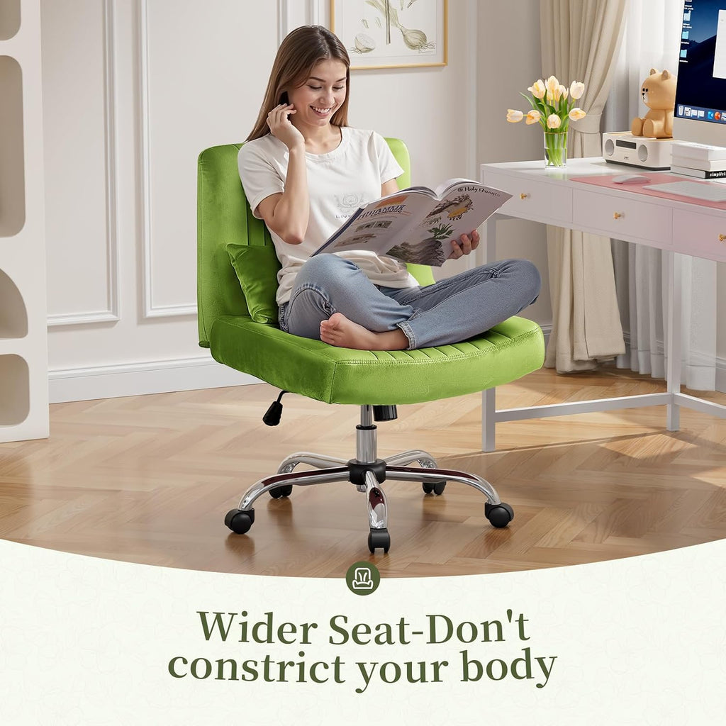 Warmiehomy Velvet Cross Legged Office Chair, Comfy Desk Chair for Home Office, Criss Cross Chair with Wheels, Height Adjustable Vanity Chair, Swivel Wide Seat Computer Chair Gift, Velvet Moss Green