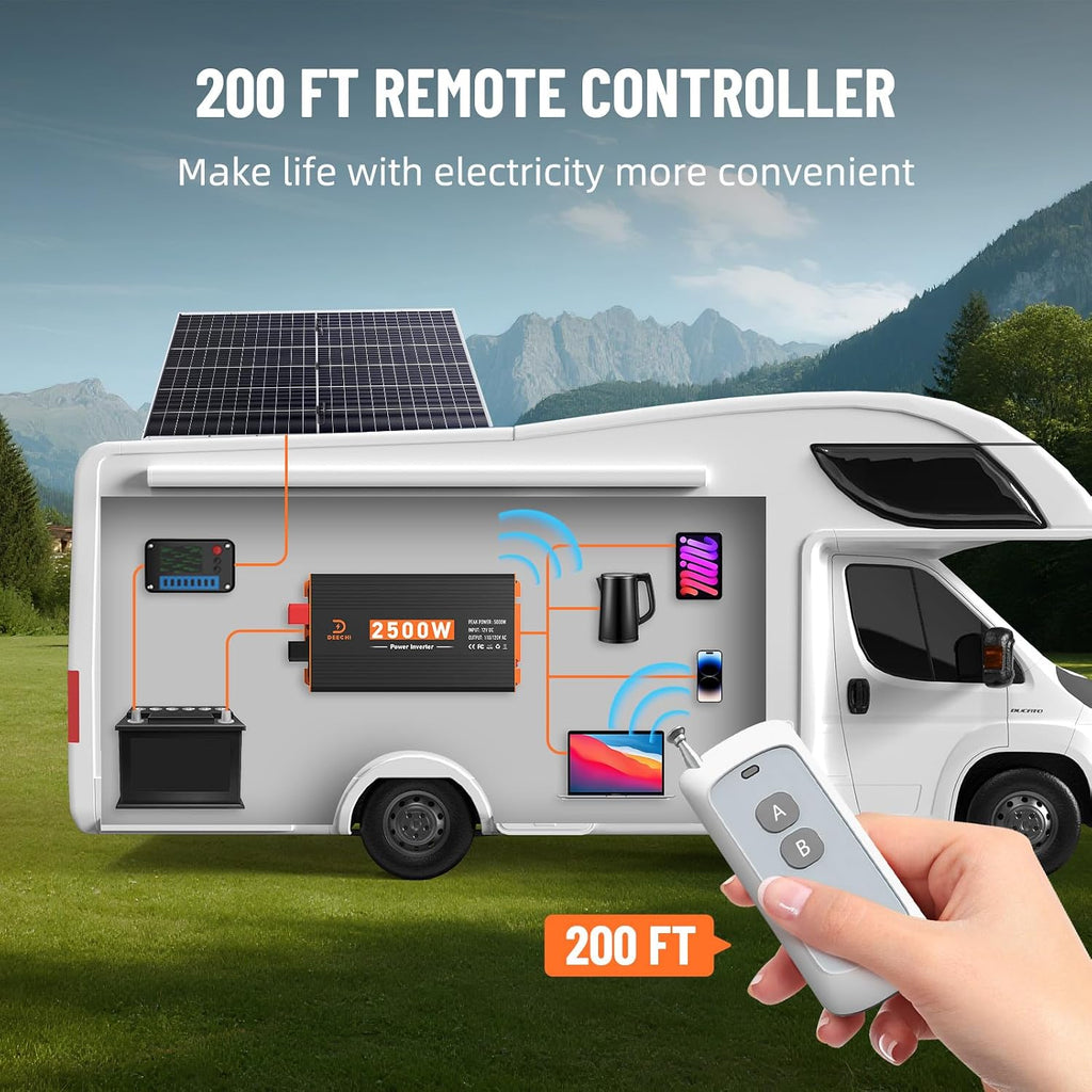 2500W Power Inverter 12V DC to 110V/120V AC Converter for RV/Truck/Boat/Camping/Off-Grid Solar Car Power Inverter Peak Power 5000W with 3 AC Outlets,USB & Type-C Port, Remote Controller & LCD Screen