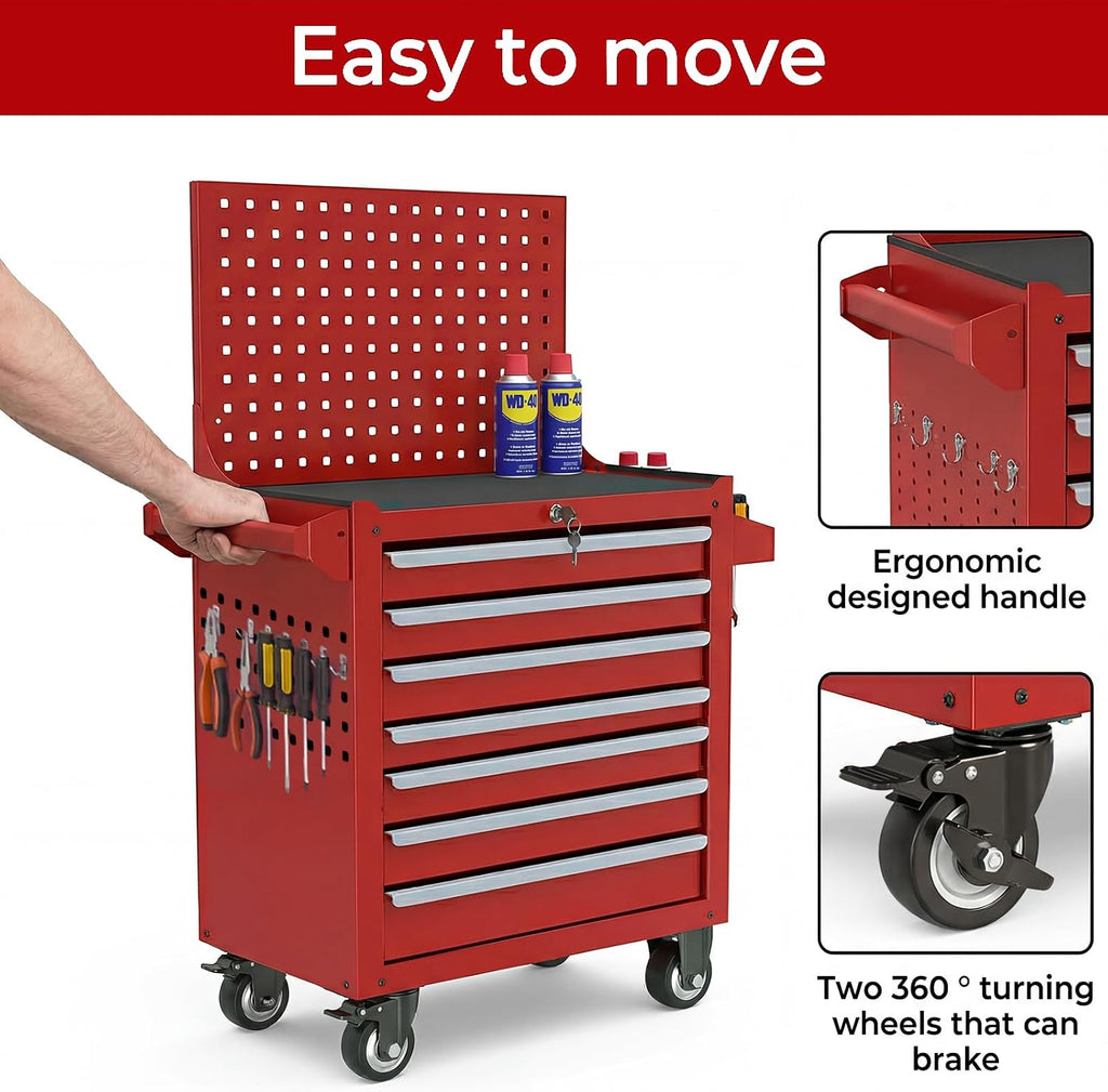 Rolling Tool Chest with Wheels, 7 Drawers Tool Storage Cabinet, Portable Metal Tool Box Organizer with Lock, Tool Cart on Wheels Toolbox Workbench for Garage, Workshop, Warehouse(Required Assembly)