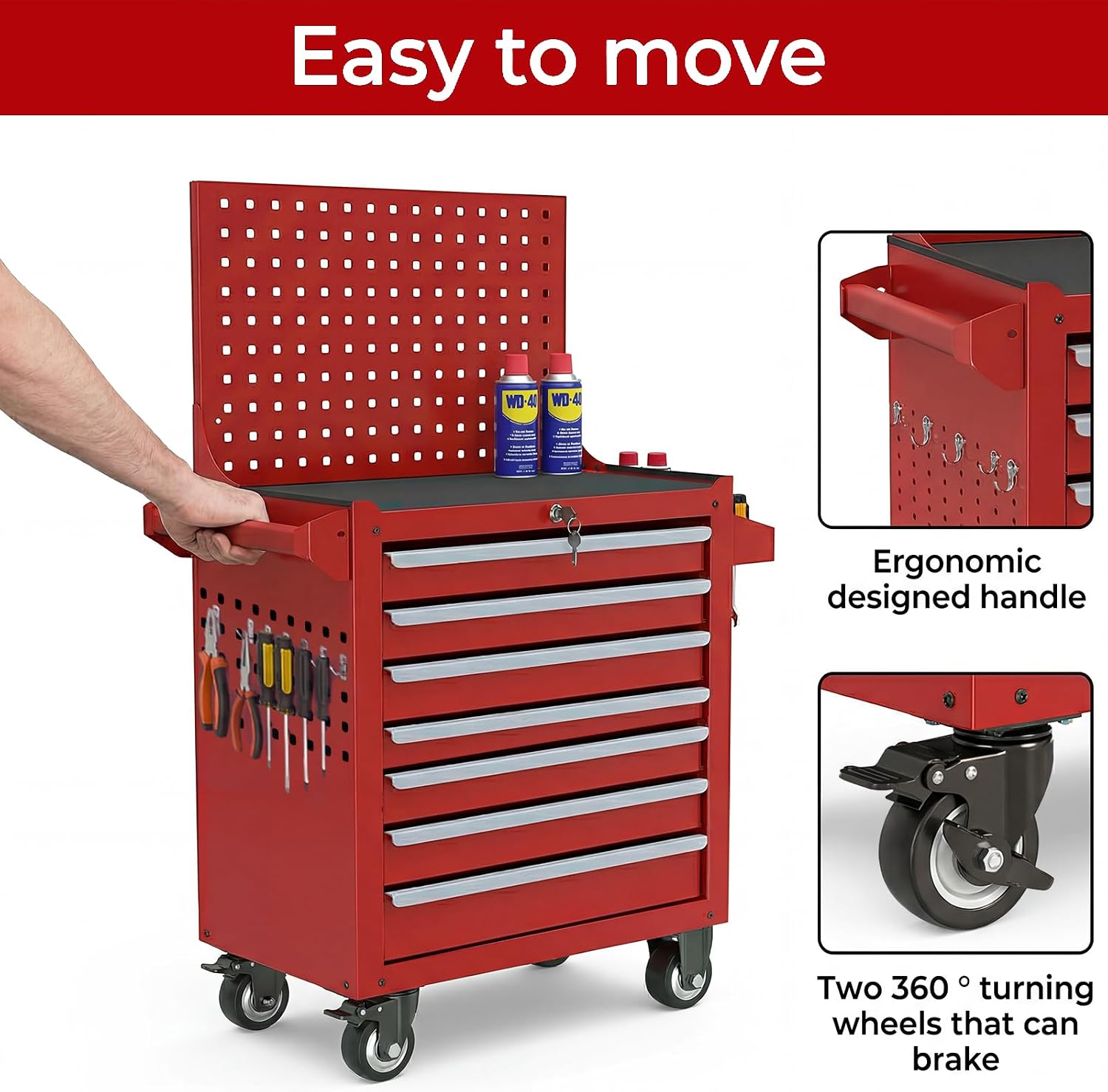 Rolling Tool Chest with Wheels, 7 Drawers Tool Storage Cabinet, Portable Metal Tool Box Organizer with Lock, Tool Cart on Wheels Toolbox Workbench for Garage, Workshop, Warehouse(Required Assembly)
