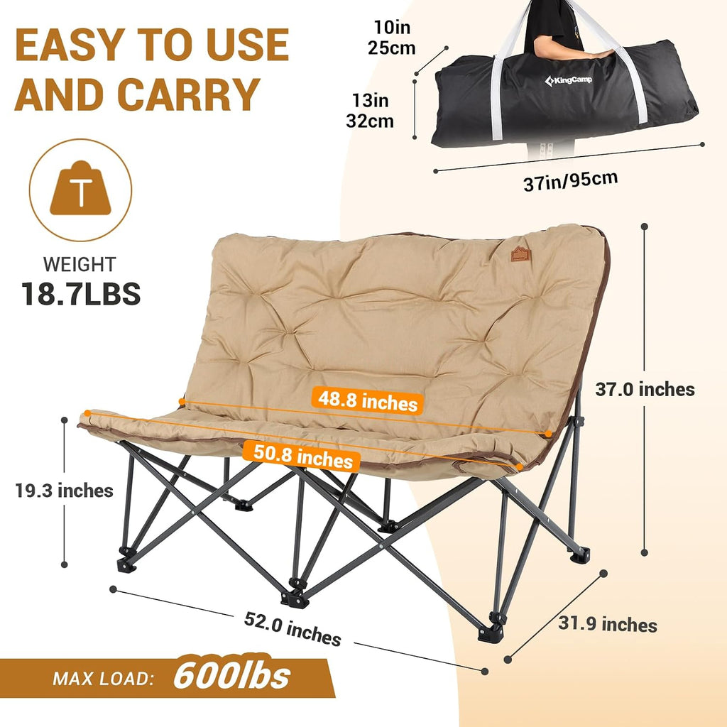 KingCamp Double Camping Chair, Oversized Padded Butterfly Chair Couch Portable Folding Loveseat 600lbs Heavy Duty Comfy Dorm Double Seat with High Back for Outdoor Indoor Patio Home Living Bed Room