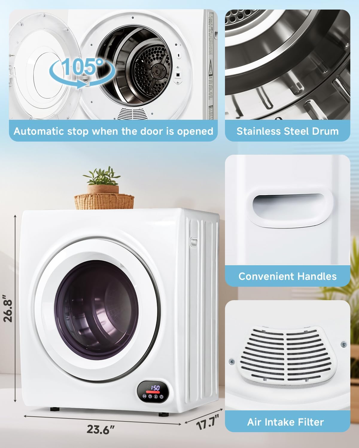 Feelfunn 3.5 Cu.Ft Portable Clothes Dryer - 1500W Clothes Dryer with Stainless Steel Tub, Front Load Tumble, LCD Touch Panel - Compact Drying Unit for Laundry, Apartments, Dorms