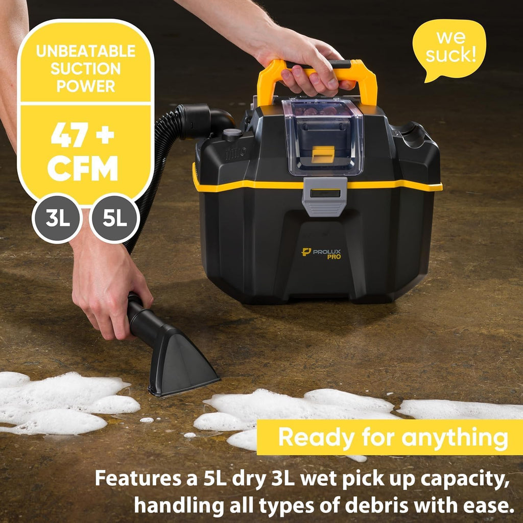 Prolux Surge Pro Cordless Wet/Dry Light Commercial Vacuum Cleaner, 18V High-Performance Battery, Brushless Motor, Versatile Wet/Dry Pickup & Blower, HEPA Filtration