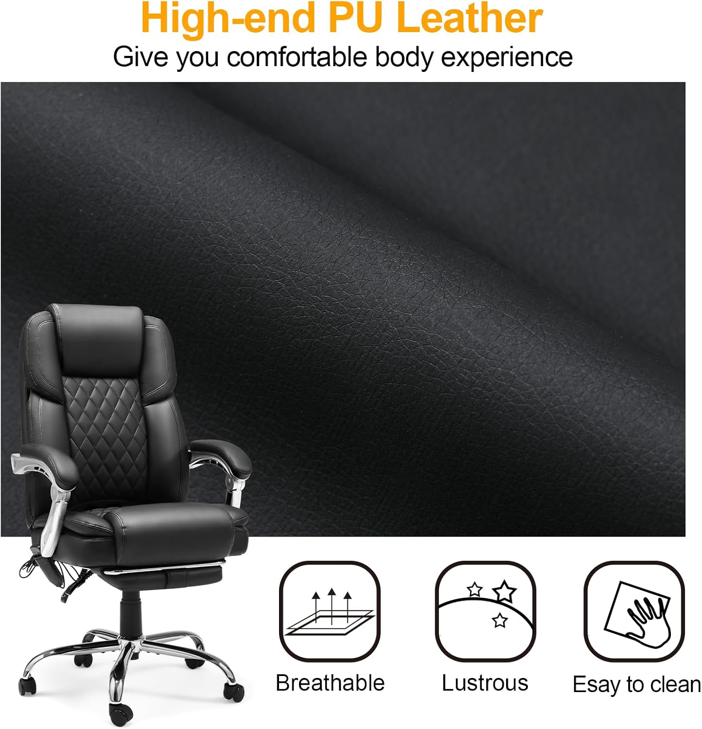 HOMREST 6-Point Massage Office Chair with Lumbar Support, Heated Executive Office Chair with Reclining Backrest, Computer Gaming Chair for Home Office, Black