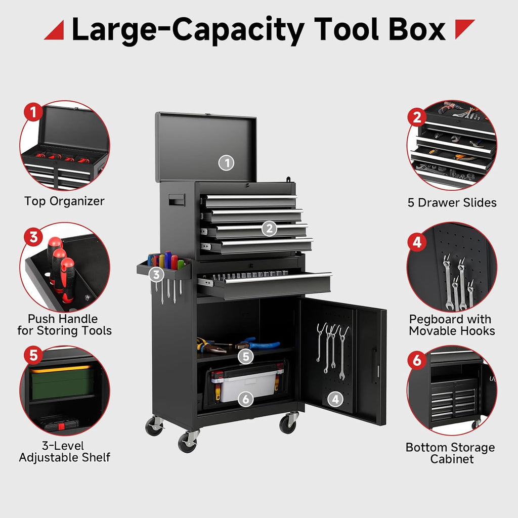 Rovibek Rolling Tool Chest, 5-Drawer Rolling Tool Chest with Detachable Top Toolbox, Lock Bar, Tool Rack, Metal Tool Box for Garage Workshop Warehouse, Black