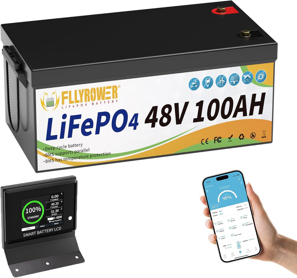 FLLYROWER Lithium Battery Bluetooth 48V 100AH with Smart 150A BMS 16500 Deep Cycles Lifepo4 Battery Grade A Cells Include a Monitor