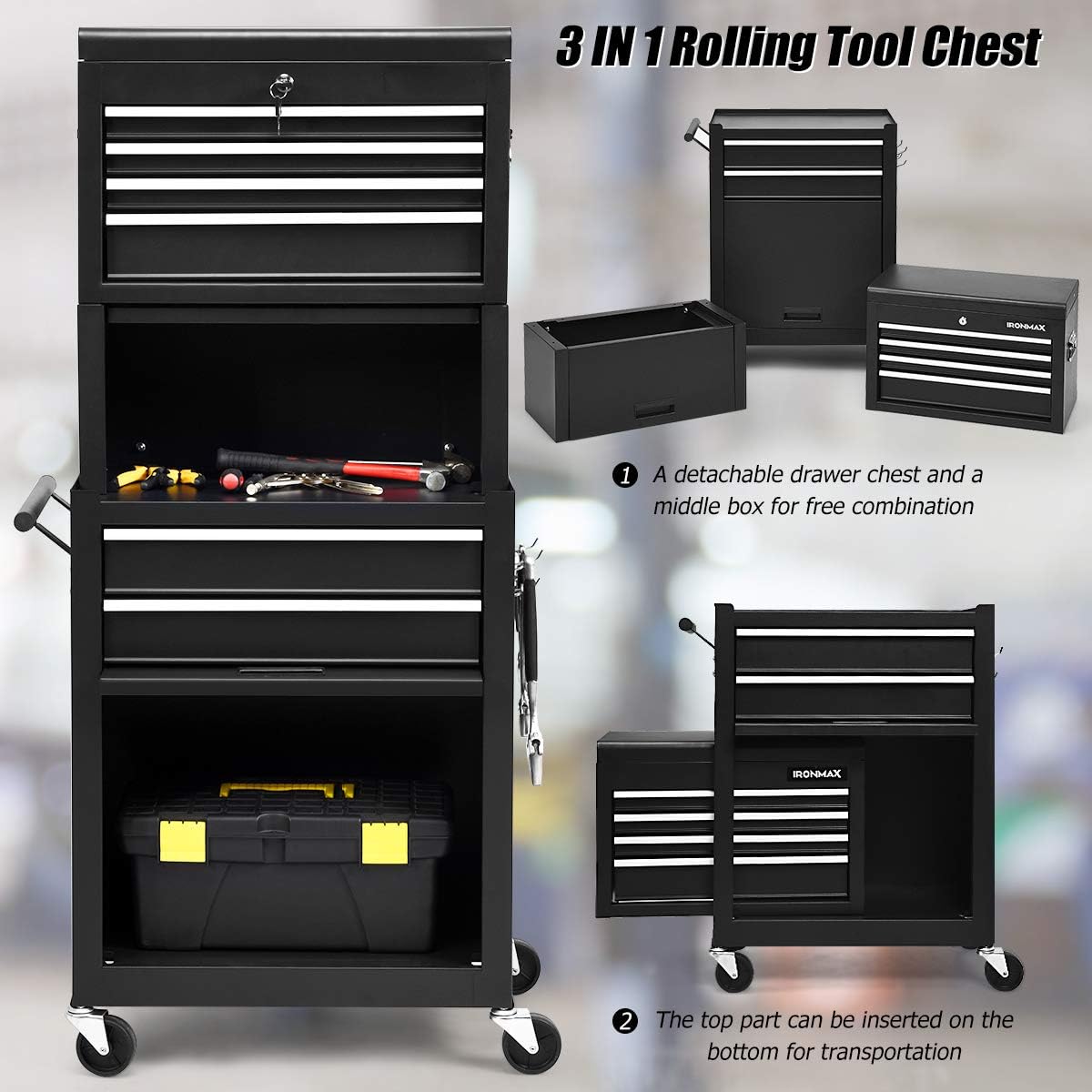 S AFSTAR 6-Drawer Rolling Tool Chest, High Capacity Tool Storage Cabinet with Wheels and Locking System, Removable Toolbox Organizer with Sliding Drawers (Black)