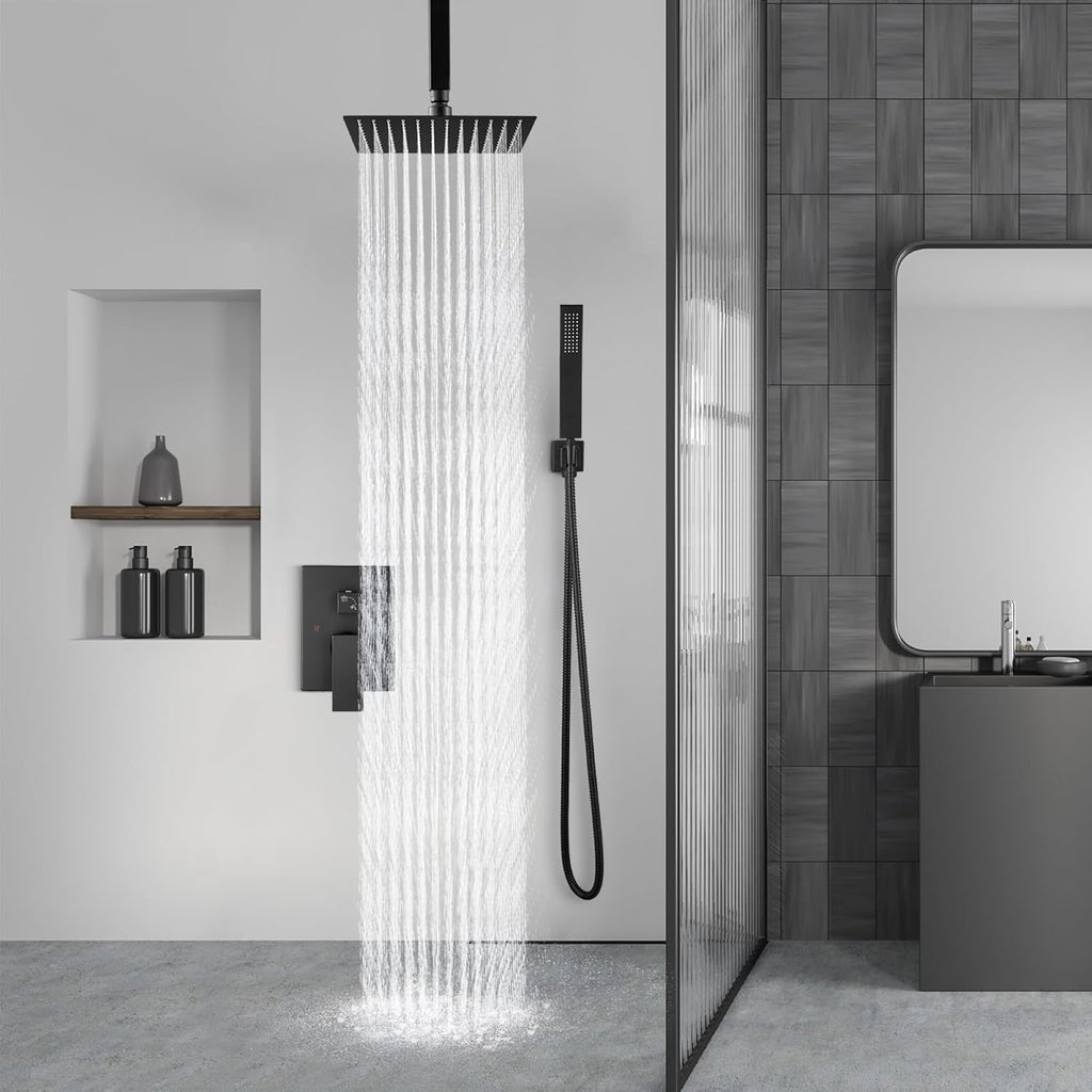 Aolemi Ceiling Mount Rain Shower Head & Handheld Spray with Robust Valve & Trim Kit - Matte Black, 8 Inch Head