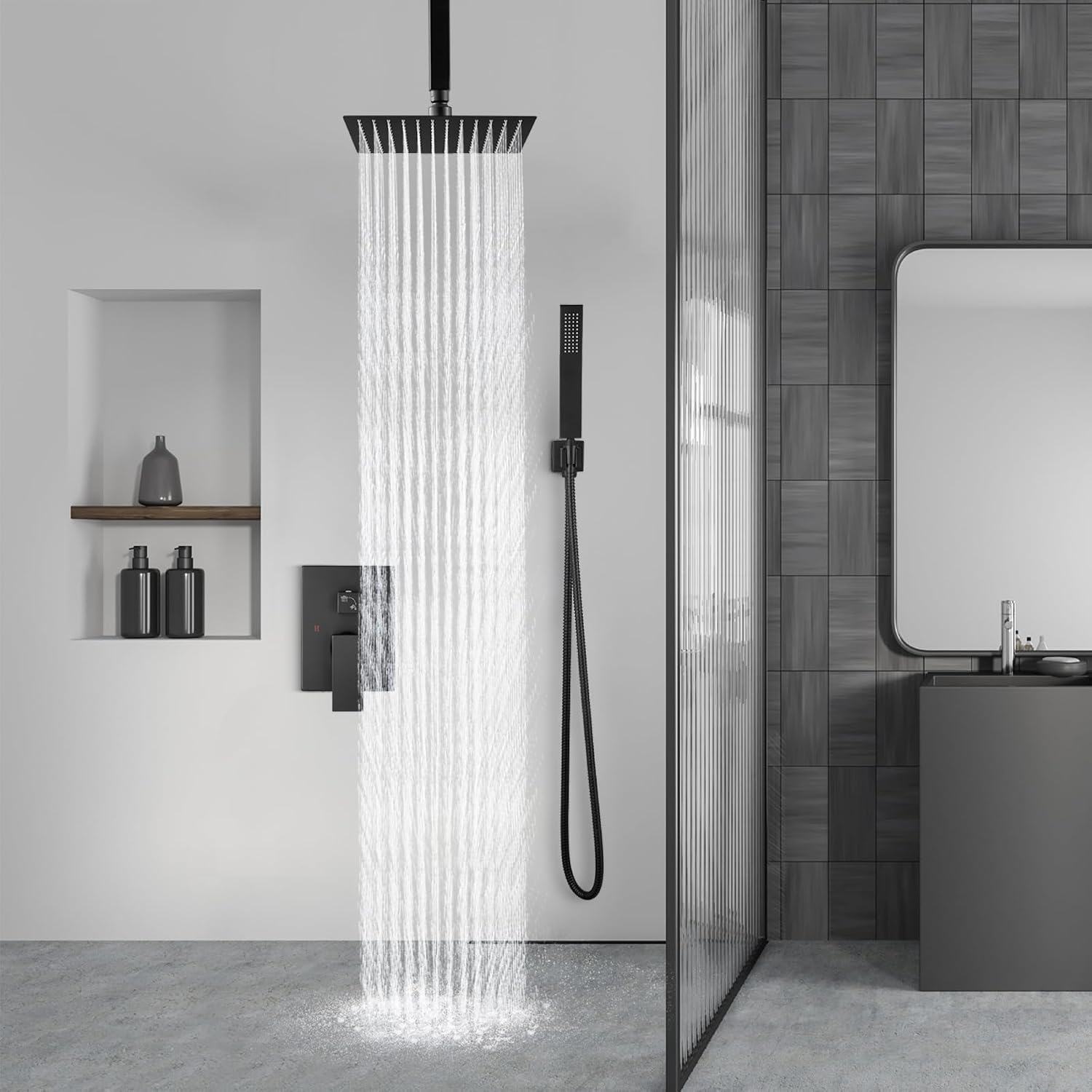 Aolemi Ceiling Mount Rain Shower Head & Handheld Spray with Robust Valve & Trim Kit - Matte Black, 8 Inch Head