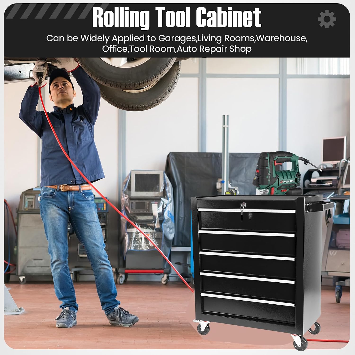5-Drawer Rolling Tool Chest,Tool Cabinet On Wheels with Keyed Locking System and Drawer Liners,5 Drawer Tool Cart with Drawers,for Garage, Warehouse, Workshop, Repair Shop (Black)