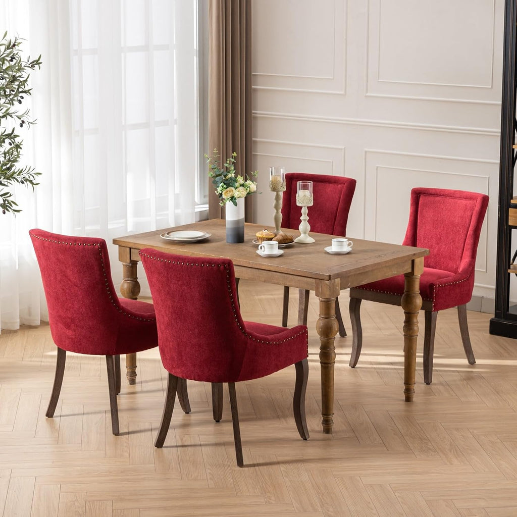 Ball & Cast Mid-Century Upholstered Dining Chairs Set of 2, Thickened Fabric Wing Back Kitchen Side-Chairs with Bronze Nail Head & Toned Solid Wood Legs, 2-Piece Traditional Chair, Wine Red