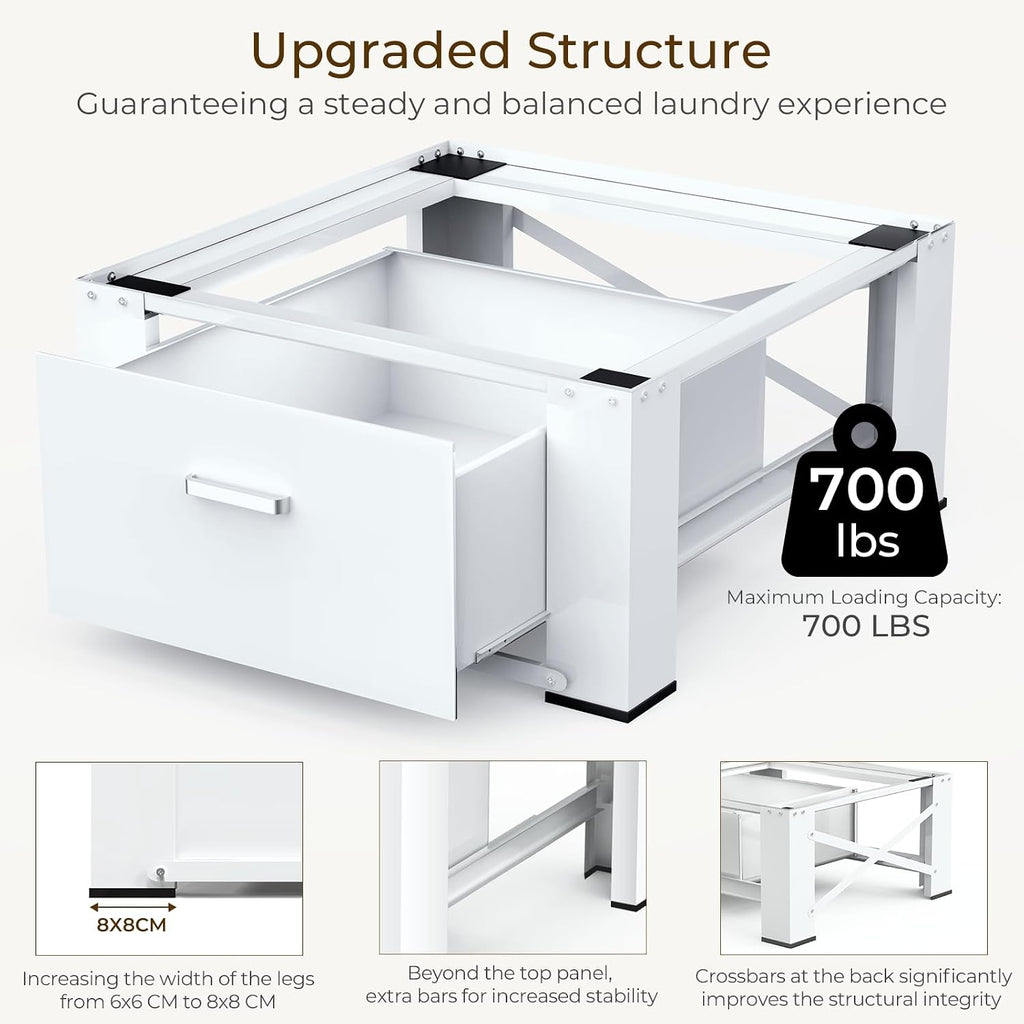 SKM Washer and Dryer Pedestal with Drawer, Laundry Pedestal for Washer and Dryer Stand, Heavy Duty Steel Washing Machine Stand Height Raiser (2, white, 28' W x 29' D x 14' H)