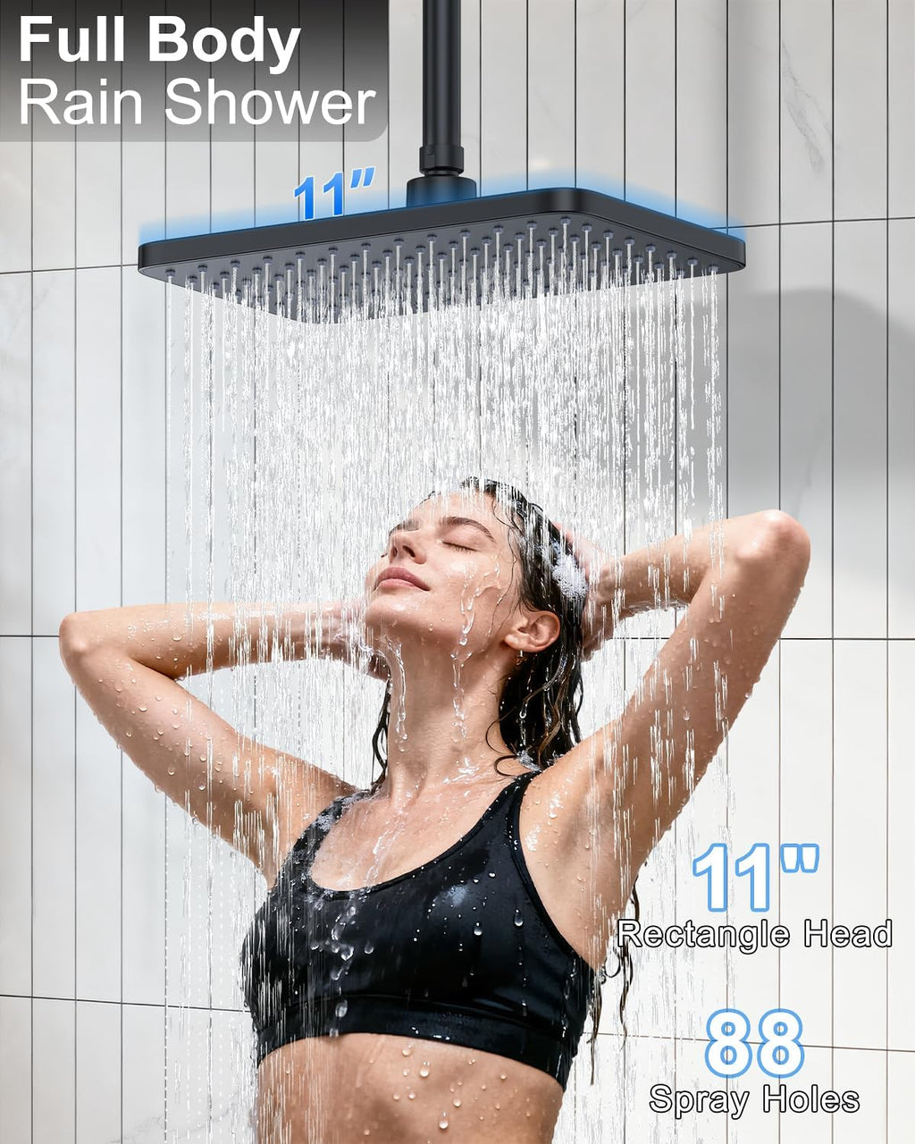KOJOX Matte Black Dual Shower Head System – 11' Ceiling Rainfall + 6' Wall Mount Heads, 6-Mode Handheld Spray, Push-Button Diverter Faucet Set