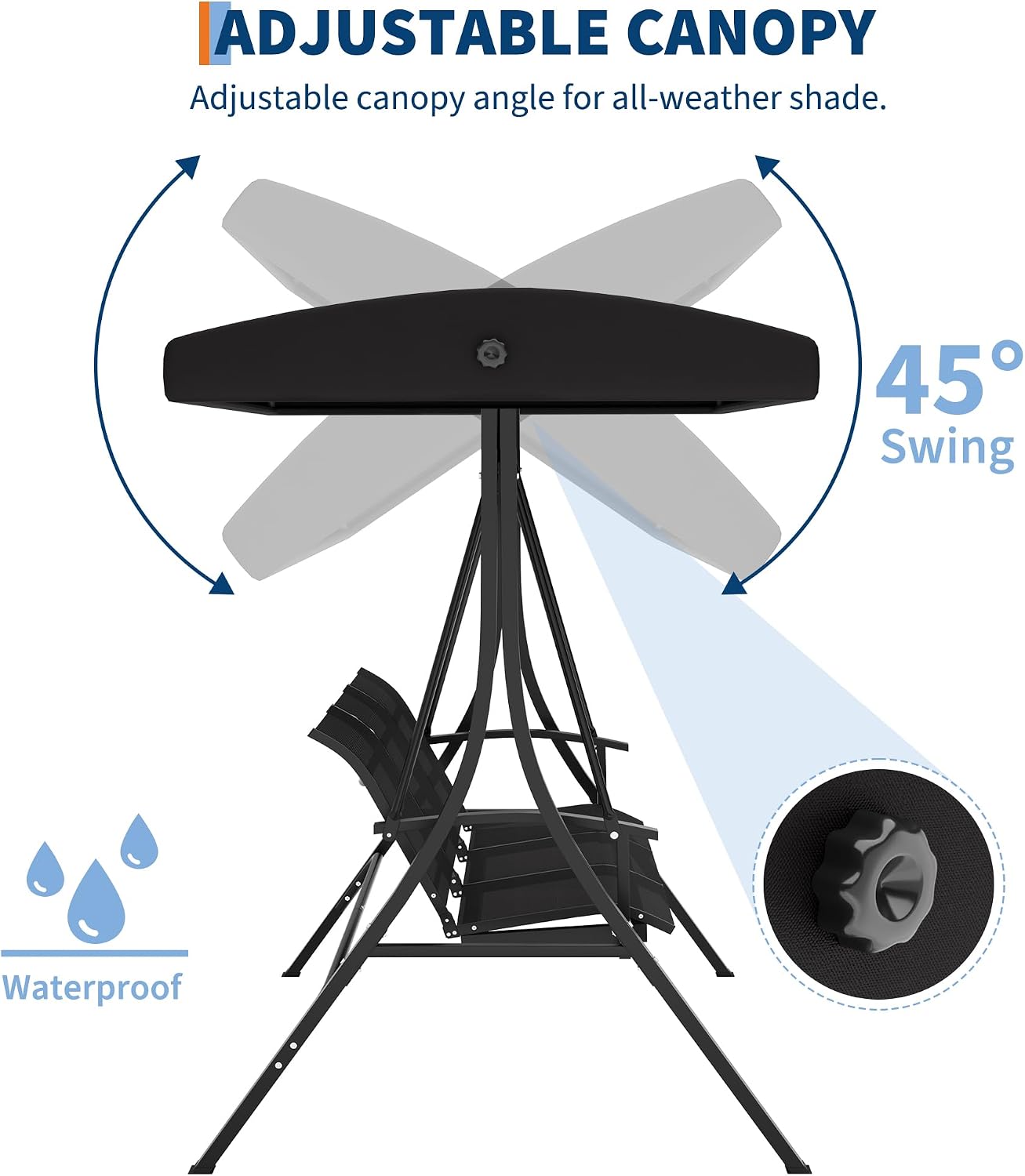 GarveeLife 3-Seat Patio Swing Chair, Outdoor Porch Hanging Swings with Adjustable Canopy and Armrests, Breathable Textilene Fabric Seat & Backrest, Swing Bench for Garden, Poolside, Backyard, Black