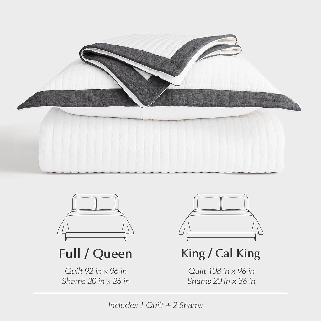 EVERGRACE Cotton Border Frame Tack-Stitch Quilt Bedding Set King Size, Coastal Oversized 3 Pieces Lightweight Bedspread Coverlet for All Season, with 2 Matching Shams, Washed Black