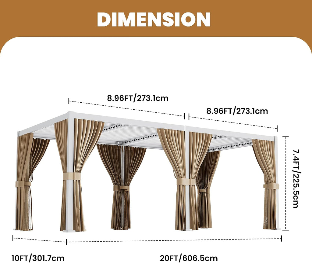 SUNBURY 10X 20FT Louvered Pergola, Outdoor Pergola, Aluminum with 4 Adjustable Roof, Netting & Privacy Curtains, Metal Roof Pergolas, Shade Cover for Patio, Backyard, Lawn, Garden, Deck (White)