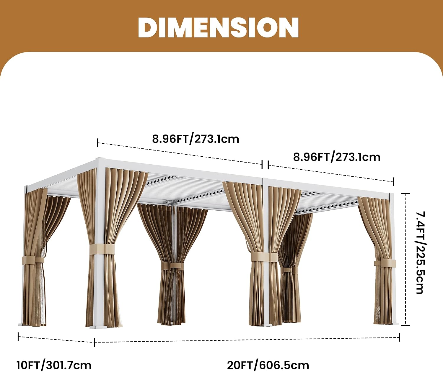 SUNBURY 10X 20FT Louvered Pergola, Outdoor Pergola, Aluminum with 4 Adjustable Roof, Netting & Privacy Curtains, Metal Roof Pergolas, Shade Cover for Patio, Backyard, Lawn, Garden, Deck (White)