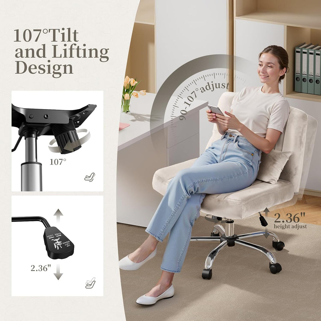 Velvet Office Chair, Luxury Criss Cross Chair with Wheels, Comfy Cross Legged Desk Chair for Home Office, Height Adjustable Vanity Chair, Wide Seat Computer Chair, Gift for Girlfriend, Cozy Beige