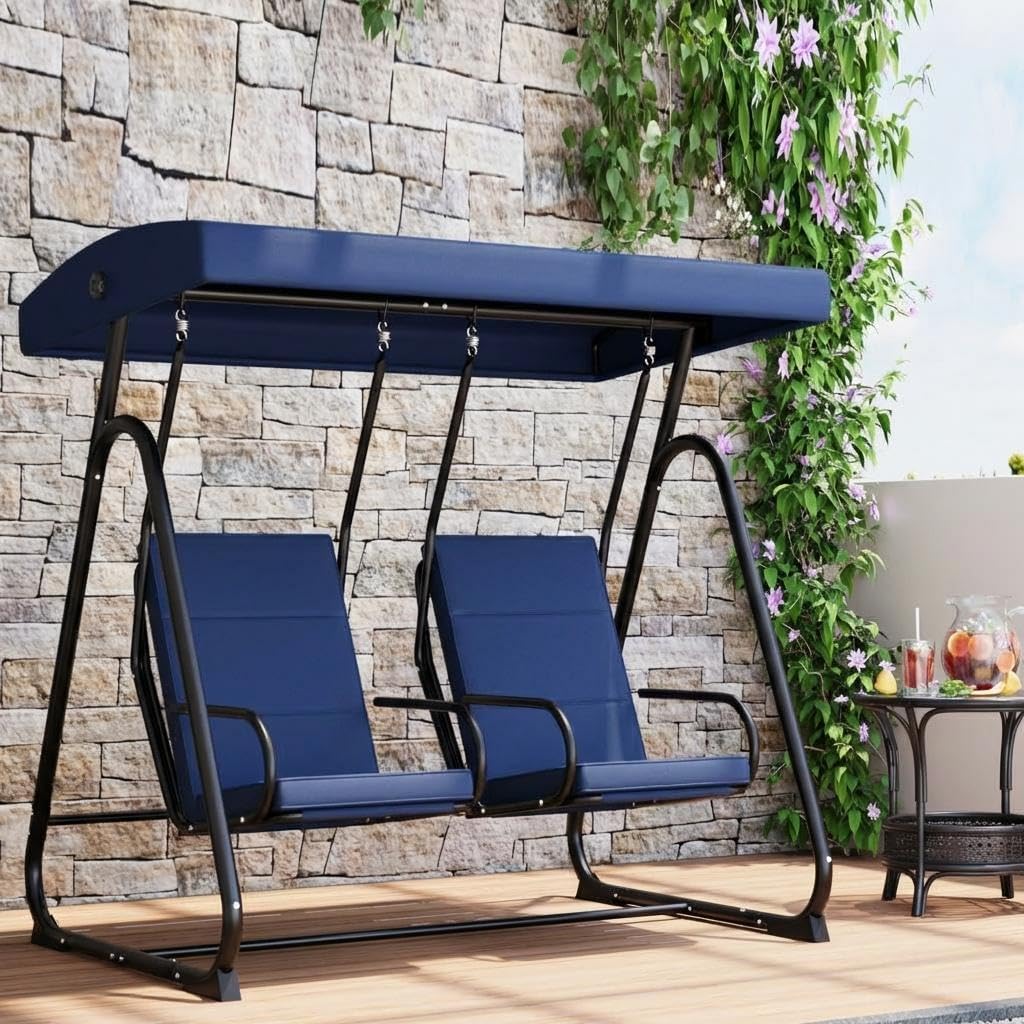 GarveeLife 2 Person Porch Swing Chair, Heavy Duty Outdoor Patio Swing Glider with Adjustable Canopy & Removable Cushions, Independent Swing Chairs for Garden, Balcony, Poolside, Backyard, Dark Blue