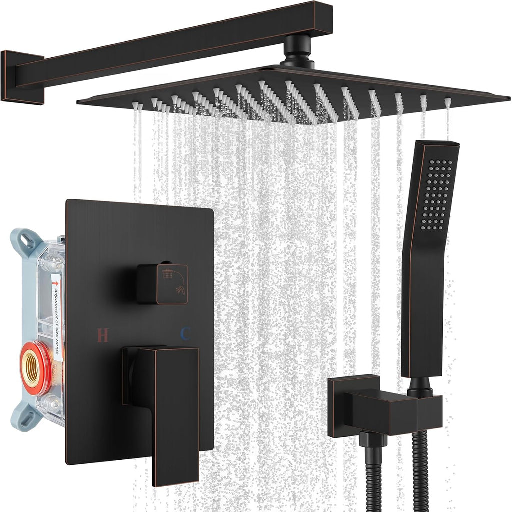 gotonovo Rainfall Bathroom Shower System Rain Shower Head and Handle Set Wall Mounted Shower Complete Combo Solid Brass Pressure Balancing Shower Mixer Valve 12 Inch Oil Rubbed Bronze