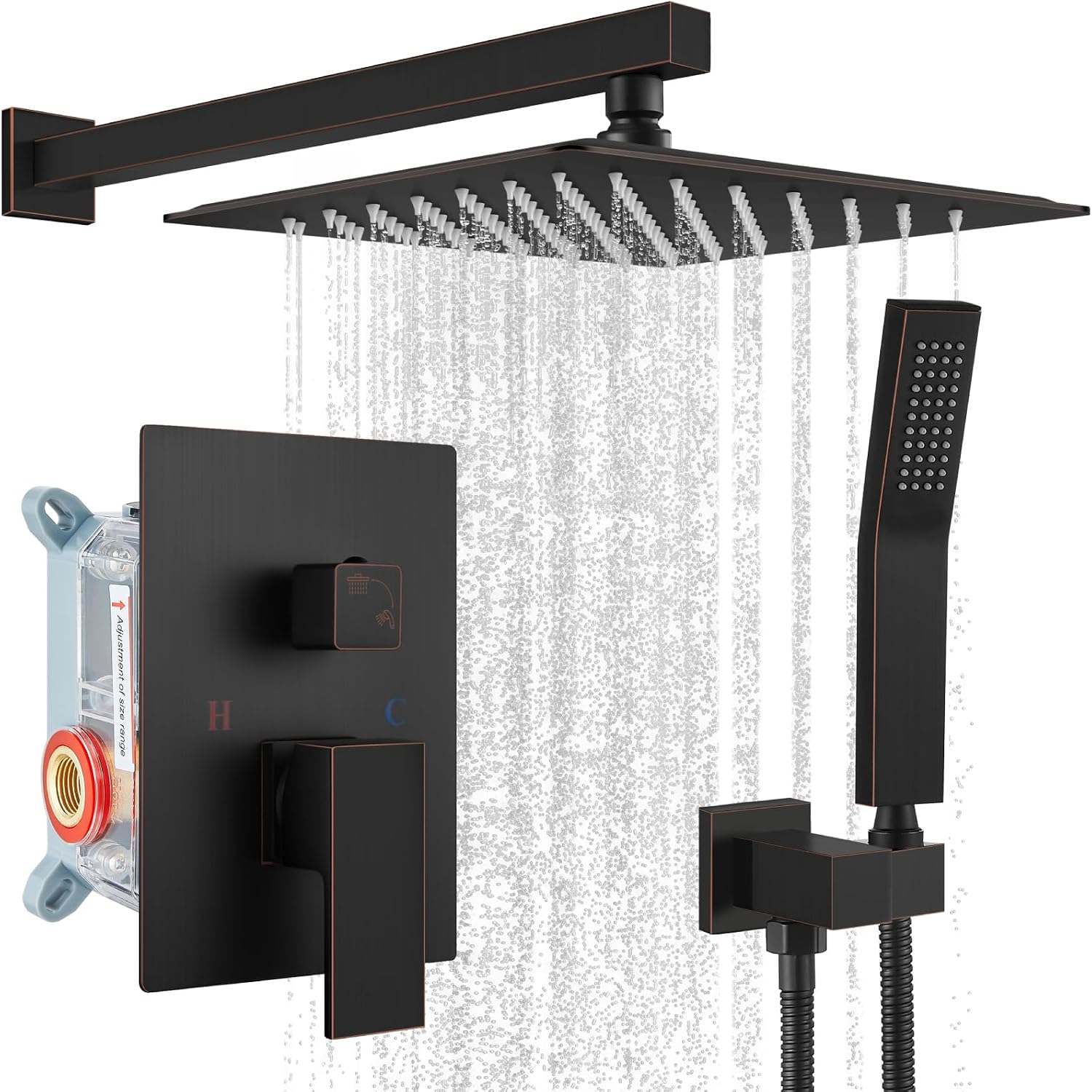 gotonovo Rainfall Bathroom Shower System Rain Shower Head and Handle Set Wall Mounted Shower Complete Combo Solid Brass Pressure Balancing Shower Mixer Valve 12 Inch Oil Rubbed Bronze