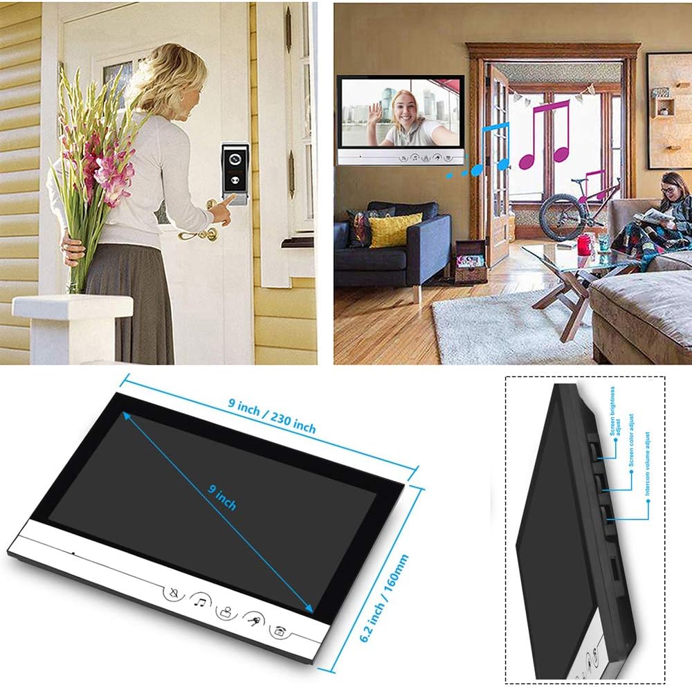 1080P Wired Video Doorbell Intercom System, 9 Inches Monitor Video Doorbell Door Phone Kits Support Unlock, Monitoring, Dual-Way Intercom for Villa Home Office Apartment, 1 Camera-2 Monitors