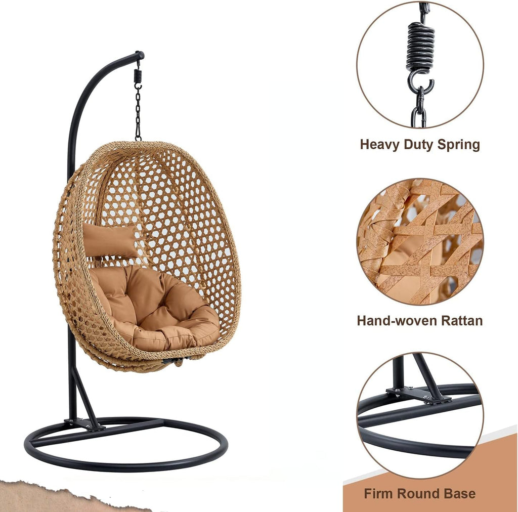 LKTART Egg Swing Chair with Stand Rattan Hanging Egg Chair with Cushions and Pillow Relaxing Chair Foldable Basket & Metal Stand Indoors or Outside