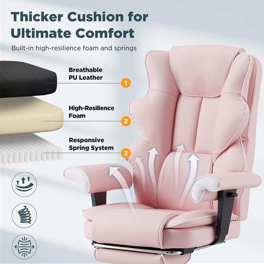 HOMREST Pink Ergonomic Office Chair with 6-Point Vibration Massage & Heat – Reclining Executive Chair with Adjustable Footrest and Armrests, PU Leather Big and Tall Home Office Desk Chair