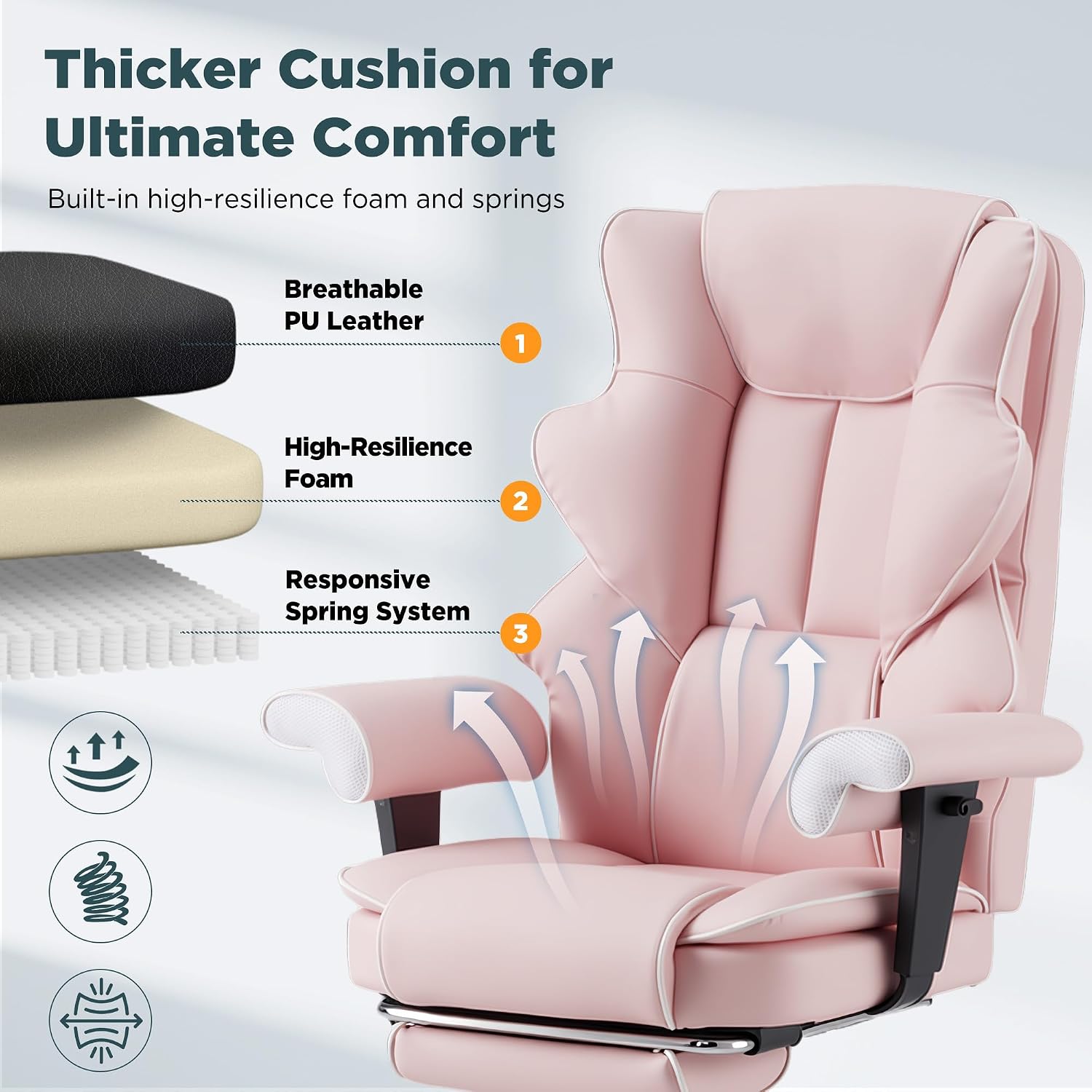 HOMREST Pink Ergonomic Office Chair with 6-Point Vibration Massage & Heat – Reclining Executive Chair with Adjustable Footrest and Armrests, PU Leather Big and Tall Home Office Desk Chair