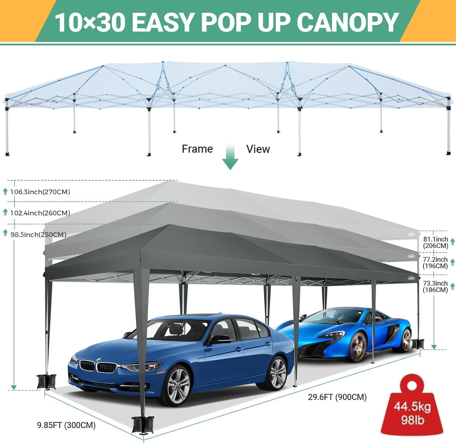 COBIZI 10x30 Canopy Party Tent with 8 Walls 10x30 Pop Up Canopy for Parties Waterproof UPF 50+ Outdoor Commercial Event Tent for Party Backyard Gazebo Canopy with Sidewalls & Sandbags(Gray)
