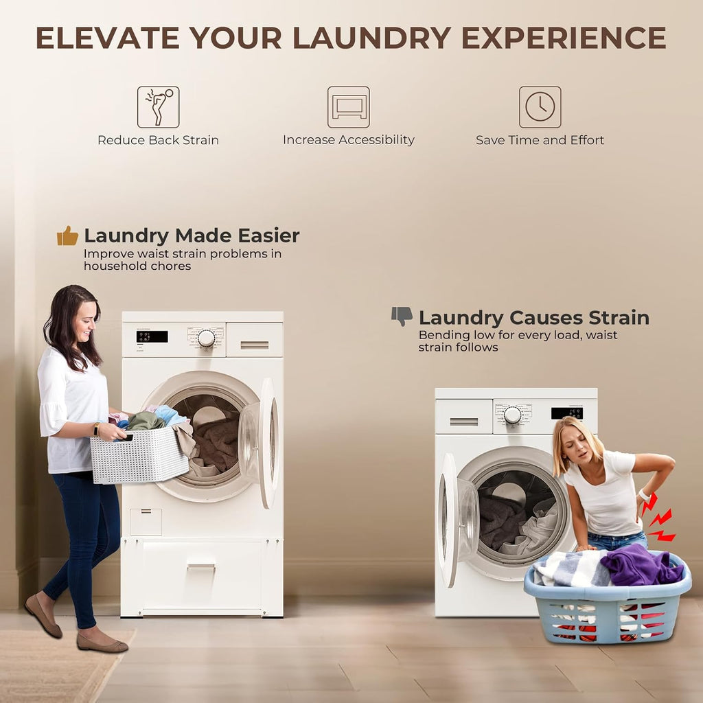 28' Washer and Dryer Pedestals with Drawer- Laundry Pedestal Stand for Washer and Dryer,Alloy Steel Washing Machine Stand Raiser, Washer dryer pedestal 14.3'' Height White