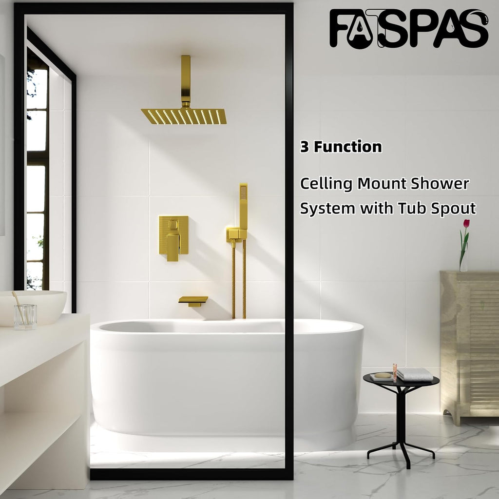 Ceiling Mount Shower System with Tub Spout, 10-Inch High-Pressure Rain Showerhead and Handheld Combo, Brushed Gold Shower Faucet Set with Rough-in Valve and Trim Kit, All-Metal